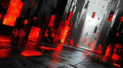 Wall Mural - abstract digital landscape with glowing red elements and dark structures in a futuristic city enviro