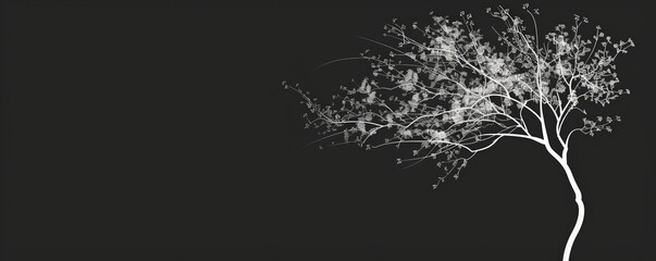 Wall Mural - A simple white line drawing on a black background of a tree with branches and leaves. The minimalist design creates a striking and elegant natural scene.