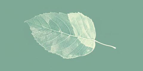 A simple white line drawing on a seafoam green background of a leaf with detailed veins. The vibrant color emphasizes the natural elegance of the leaf.