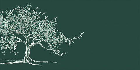 Wall Mural - A simple white line drawing on a forest green background of a tree with thick branches and leaves. The deep color emphasizes the natural strength and vitality of the tree.