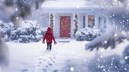 Canvas Print - Child Leaving Footprints in Fresh Snow Walking Toward Decorated Holiday Home