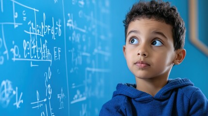 Poster - A young boy in blue hoodie looking up at a chalkboard, AI