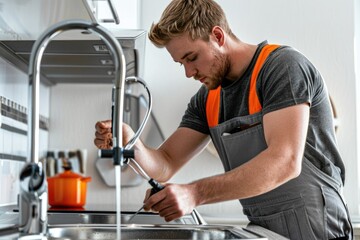 Poster - A person in an orange safety vest is repairing a leaky faucet