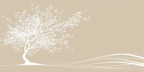 Wall Mural - A simple white line drawing on a beige background of a tree with flowing branches and leaves. The neutral color emphasizes the simple beauty of nature.