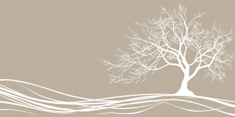 Wall Mural - A simple white line drawing on a beige background of a tree with flowing branches and leaves. The neutral color emphasizes the simple beauty of nature.