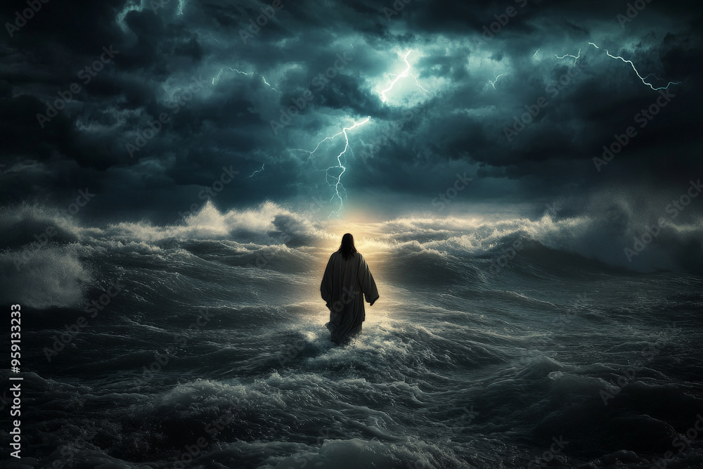 Jesus Christ walking on a stormy sea with dramatic lightning