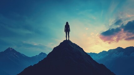 Canvas Print - Woman Standing on Mountain Peak at Sunset