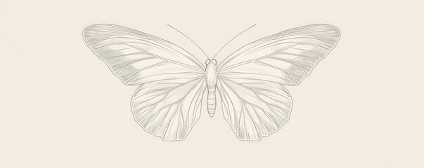 A simple white line drawing of a butterfly with wings spread wide, showcasing intricate yet minimalist patterns. The drawing highlights the delicate beauty of the insect.