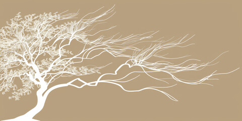 Wall Mural - A simple white line drawing on a beige background of a tree with flowing branches and leaves. The neutral color emphasizes the simple beauty of nature.