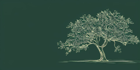 Wall Mural - A simple white line drawing on a forest green background of a tree with thick branches and leaves. The deep color emphasizes the natural strength and vitality of the tree.