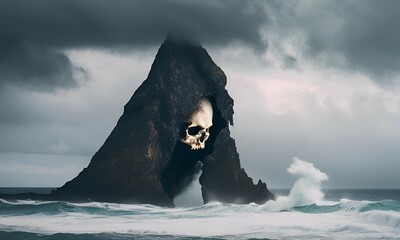 Horror island Skull shape under the water line. Troubled ocean with waves and stormy weather