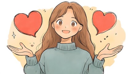 A girl is holding two hearts in her hands and smiling. Concept of love and happiness