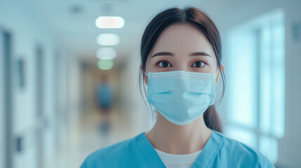 asian young woman wearing mask in hospital nurse Generative AI