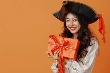 Poster - A woman dressed as a pirate holds a gift, perfect for holiday or party themes