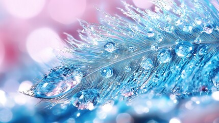   A close-up of a blue feather, adorned with drops of water on its feathers