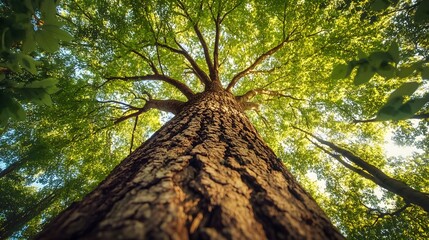 majestic tall tree viewed from below with sunlight filtering through green canopy, forest perspectiv