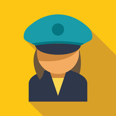 Poster - Faceless female police officer character wearing blue uniform and hat icon on yellow background