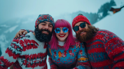 group of friends with two bearded men and a pink hair woman in winter attire in the snow with mountains