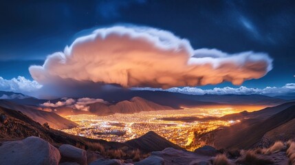 Wall Mural - A view of a city lit up at night with clouds in the sky, AI