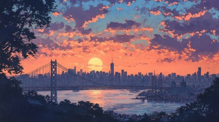 Poster - City Sunset Over Bridge and Skyline