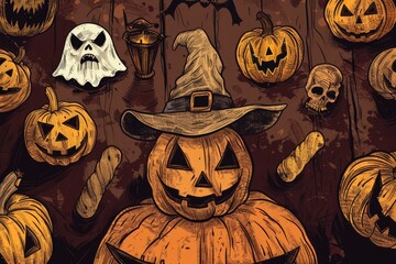 Canvas Print - A group of carved halloween pumpkins adorned with a witch's hat, perfect for autumn decorations or spooky themed parties