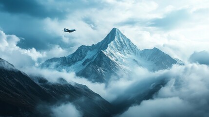 Poster - Stunning Airplane Flying Over Majestic Snow-Capped Mountain