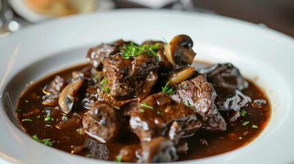 Wall Mural - A savory and satisfying plate of beef bourguignon, with tender chunks of beef, mushrooms, and a rich, red wine sauce