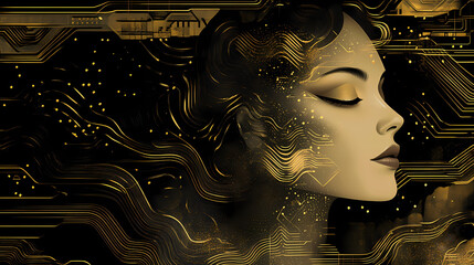 Wall Mural - Generative ai. black and gold art deco style portrait of a beautiful woman. Art Deco. Illustration