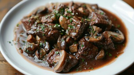 Wall Mural - A savory and satisfying plate of beef bourguignon, with tender chunks of beef, mushrooms, and a rich, red wine sauce