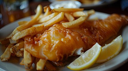 Wall Mural - A savory and satisfying plate of fish and chips, with crispy golden fries and a tender, flaky fish fillet