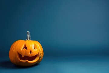 Wall Mural - A single pumpkin with a carved face on a blue background