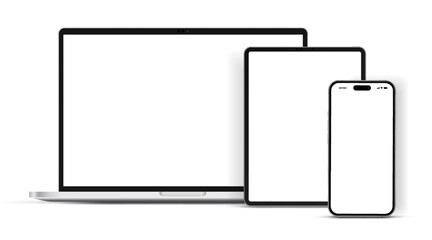Leinwandbilder - Modern laptop mockup front view and high quality smartphone and tablet mockup isolated on white background. Notebook mockup and phone device mockup for ui ux app and website presentation.Stock Vector.