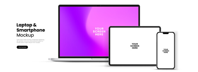 Leinwandbilder - Modern laptop mockup front view and high quality smartphone and tablet mockup isolated on white background. Notebook mockup and phone device mockup for ui ux app and website presentation.Stock Vector.
