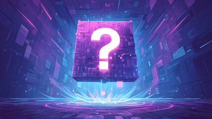 Canvas Print - A cube with a question mark on it is floating in a purple background