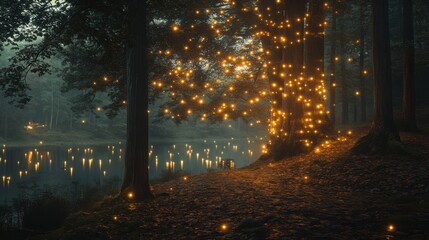 Poster - Magical forest with glowing fireflies at dusk