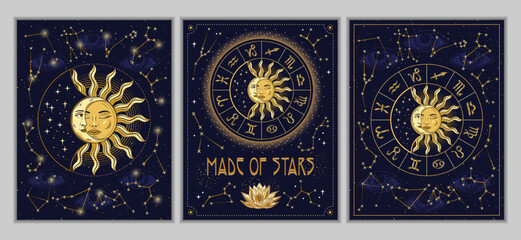 Poster with horoscope wheel with golden shiny zodiac signs, sun eclipse, zodiacal constellations. Eye of providence behind on background. Mystical astrological illustration in vintage style.