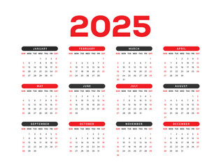 Vector calendar 2025 new year calendar with white background template design vector, 