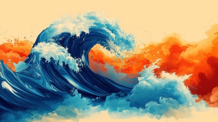 Canvas Print - Colorful Ocean Wave with Vibrant Orange Sky