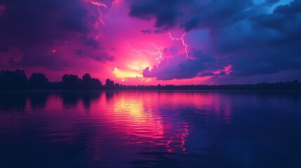 Wall Mural - Dramatic Sunset Lightning Over Calm Lake