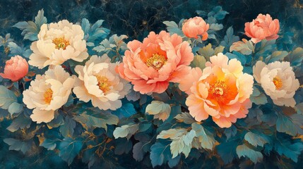 Wall Mural - Beautiful Blooming Peonies with Foliage