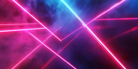 An abstract futuristic scene with intersecting laser beams in bright neon colors against a dark grey background. The beams create a sense of movement and high-tech energy.