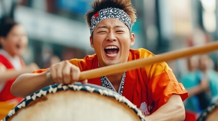 Poster - A man in a band uniform playing drums with other people, AI