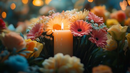 Canvas Print - Candle Surrounded by Blossoming Flowers