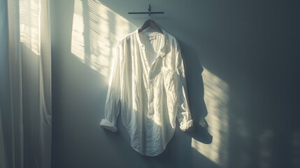 Poster - A white shirt hung on a wall near a window, providing a clean and simple backdrop