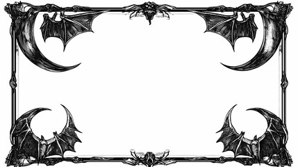 Wall Mural - A frame for a card game with a white background. the border is a mysterious, midnight black line with crescent moons and bats, ideal for a gothic or vampire-themed game. Gothic. Illustration