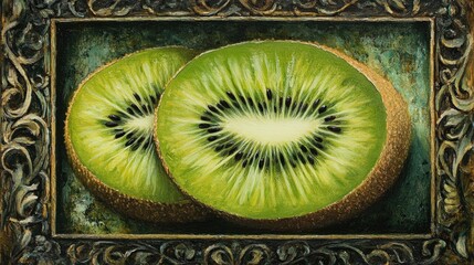 Wall Mural - Oil painting depicting a sliced green kiwi fruit with a decorative frame and border featuring ample empty space for design purposes