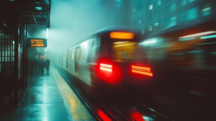 Subway Train in Motion at Night