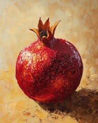 Wall Mural - Oil painting showcasing a vibrant pomegranate emphasizing natural and organic elements of ripe fruit