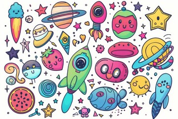 Wall Mural - various space-related objects including rockets, spacecraft, astronauts, and satellite components