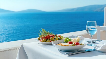 A table with a plate of food and wine on it, AI